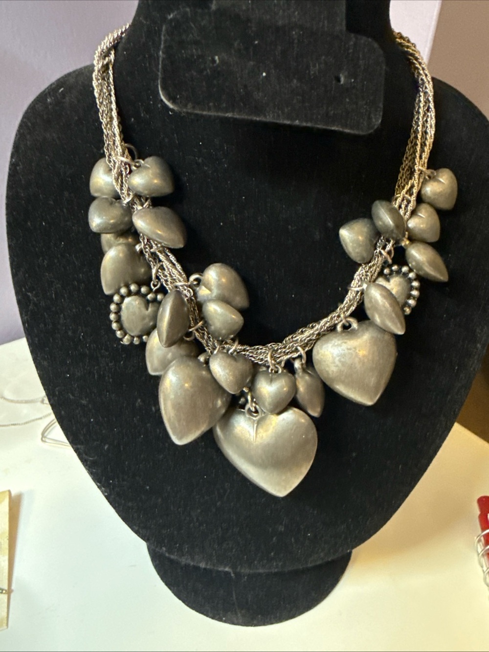 Matte Silver-tone Puffy Heart multi-strand Necklace
